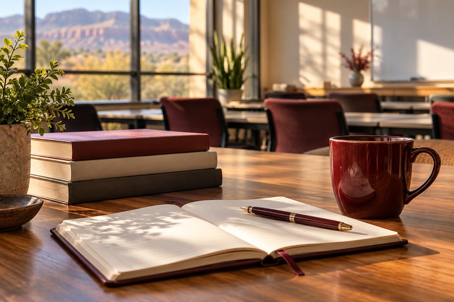 A sunlit learning space with an open notebook, business books, and a burgundy coffee mug